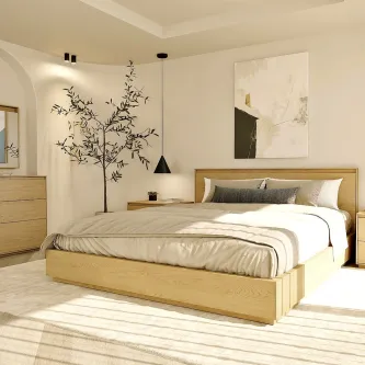 Quarto de casal nórdico com cama de madeira baixa, colcha clara e decoração minimalista