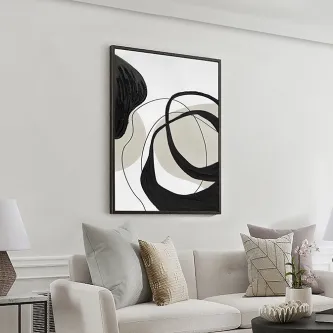 Pintura Action I, quadro abstrato em preto, branco e cinzento sobre sofá