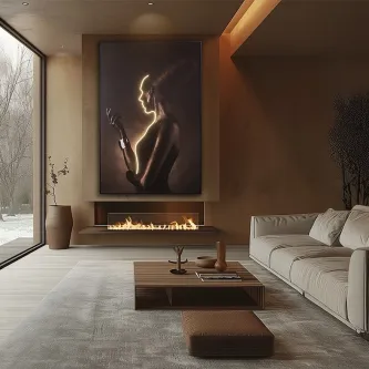 Quadro luz silueta com silhueta feminina iluminada em perfil, acima de lareira