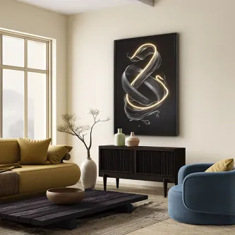 Quadro Luz Cinetic com laços de luz dourada em espiral sobre fundo preto