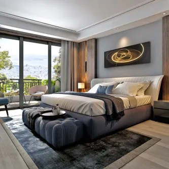 Quarto com cama e quadro luz trazados iluminado com traços dourados