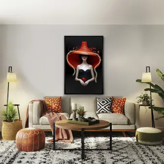 Quadro Luz Tocado com mulher de chapéu vermelho em fundo negro numa sala