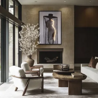 Quadro Luz Diva com silhueta feminina iluminada em moldura preta sobre lareira em sala moderna