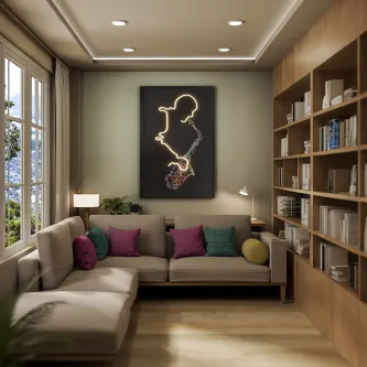 Quadro luz saxofón com contorno iluminado de saxofone numa sala de estar