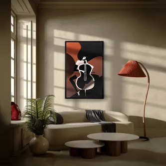 Quadro com silhueta de violoncelo iluminada pendurado numa sala moderna