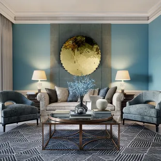 Escultura de parede Matrix dourada em forma de disco acima de sofá numa sala elegante
