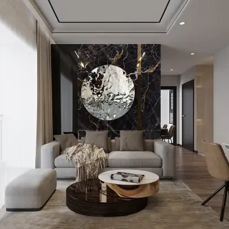 Escultura de parede Polyedric prateada sobre painel de mármore negro numa sala de estar moderna