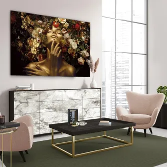 Quadro Fiorella com rosto feminino dourado envolto em flores coloridas