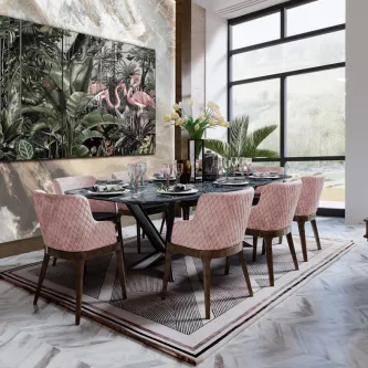 Quadro tríptico com flamingos e folhagem numa sala de jantar moderna