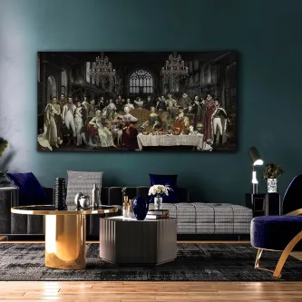 Reprodução de pintura histórica com nobres reunidos à volta de uma mesa de banquete