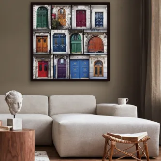 Quadro Portales com doze portas coloridas emolduradas na parede