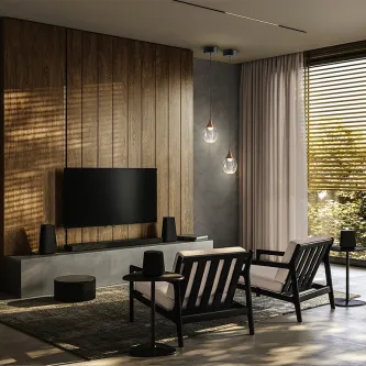 Candeeiro suspenso Corina com duas lâmpadas pendentes em sala de estar moderna