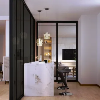 Candeeiro suspenso Indrid dourado com globos de vidro sobre bancada de mármore