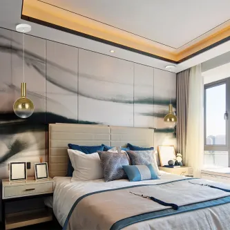 Candeeiro suspenso Matices dourado com cúpula de vidro sobre mesas de cabeceira em quarto