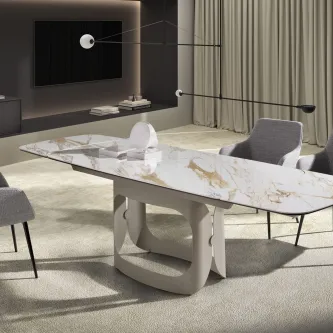 Mesa extensível Lunar pé aberto com tampo em mármore branco e base escultórica