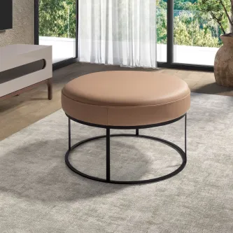 Banqueta altica redonda estofada bege com base metálica preta