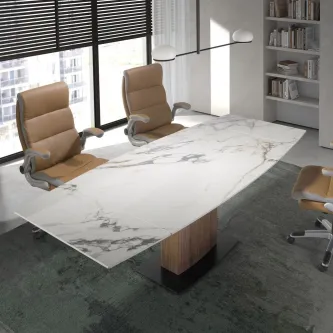 Mesa extensível Juli cerâmica com tampo efeito mármore e base de madeira, com três cadeiras