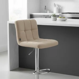 Banco de bar Peru bege estofado com padrão quadrado, base cromada regulável
