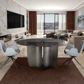 Mesa de jantar Night redonda em mármore preto com base metálica, em sala contemporânea
