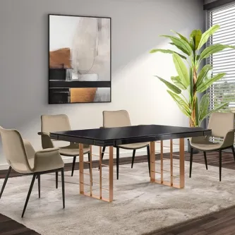 Mesa de jantar Vita rose gold com tampo preto e pés metálicos rose gold