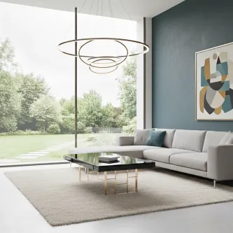 Mesa Vita Rose Gold com tampo preto retangular e pés metálicos rose gold