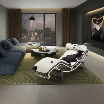 Chaise longue leco pele vaca numa sala moderna com janela para a cidade à noite