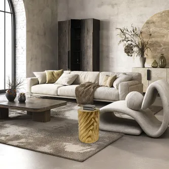 Mesa de apoio Torsa dourada com relevo ondulado numa sala moderna