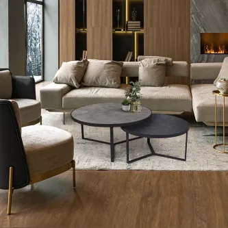 Conjunto de 2 mesas de centro Naira com tampos redondos escuros e pés metálicos