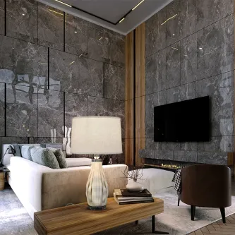 Candeeiro de mesa Tessa com base cerâmica branca e abajur retangular em sala moderna