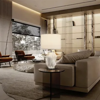 Candeeiro de mesa Kaos branco com base escultórica sobre mesa lateral junto a sofá