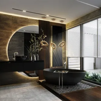 Candeeiro suspenso Mirena com três anéis dourados sobre banheira em casa de banho moderna