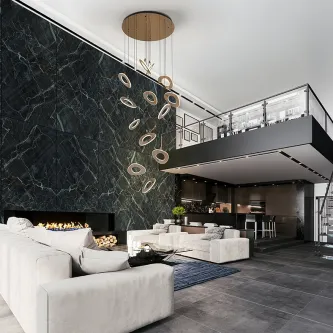 Candeeiro de teto Mirena 13L em anéis dourados suspenso sobre sala de estar moderna