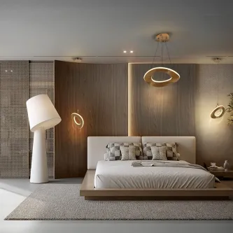 Candeeiro de teto Mirena pendente circular dourado sobre cama minimalista.