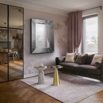 Espelho Roma Smoke Peq. retangular na parede de uma sala com sofá, cortina e mesas de apoio