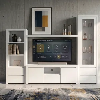 Estante MJB New branca com nicho para TV, prateleiras e vitrina de vidro