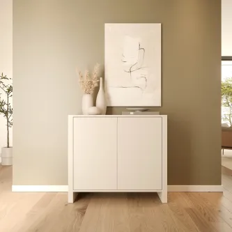 Sapateira dual com pés branca de duas portas com vasos e quadro