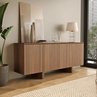 Aparador Dual New com pés em madeira, candeeiro e vaso decorativo