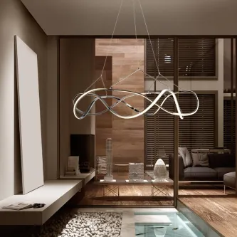 Candeeiro de teto Molly 110L dimable, fitas LED curvas suspenso numa sala moderna