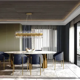 Candeeiro de teto Grace 28L dourado com cristais sobre mesa de jantar