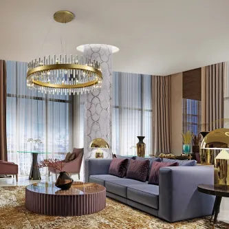 Candeeiro de teto Grace 26L dourado em anel com cristais sobre sala moderna