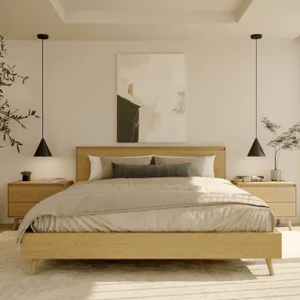 Cama de casal nórdica com pés em madeira clara com duas mesas de cabeceira