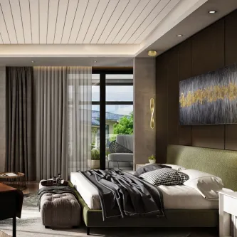 Candeeiro suspenso Twist dourado junto à cabeceira de quarto moderno