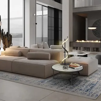 Candeeiro de mesa boa LED em espiral sobre mesa de centro numa sala moderna