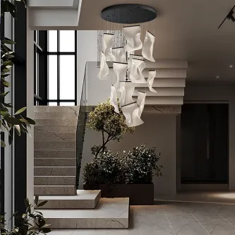 Candeeiro de teto Velos XXL com painéis brancos ondulados numa escadaria minimalista