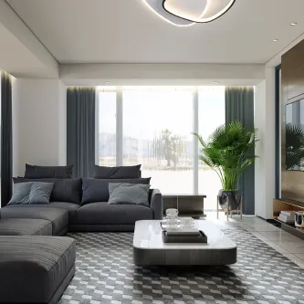 Plafon romo redondo iluminado numa sala de estar moderna com sofá cinzento