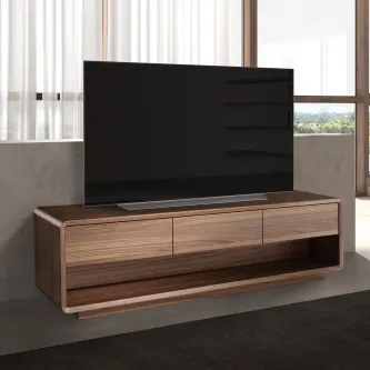 Móvel TV Tauro em madeira com três gavetas e prateleira aberta