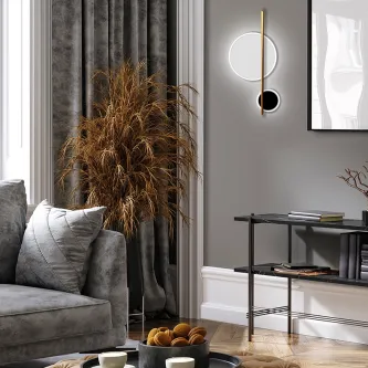 Aplique Duo de parede com haste dourada e dois discos luminosos em sala moderna