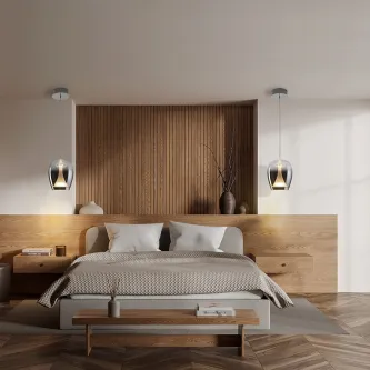 Candeeiro suspenso Suspiro D18 sobre mesinha de cabeceira em quarto moderno