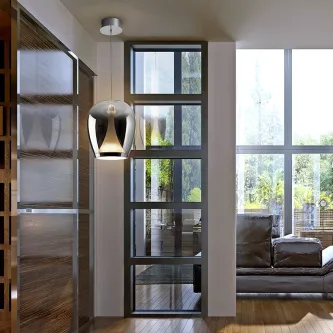 Candeeiro suspenso Suspiro D25 em vidro fumado e metal, junto à janela