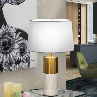 Candeeiro de mesa Lucian com base em mármore, detalhes dourados e cúpula branca
